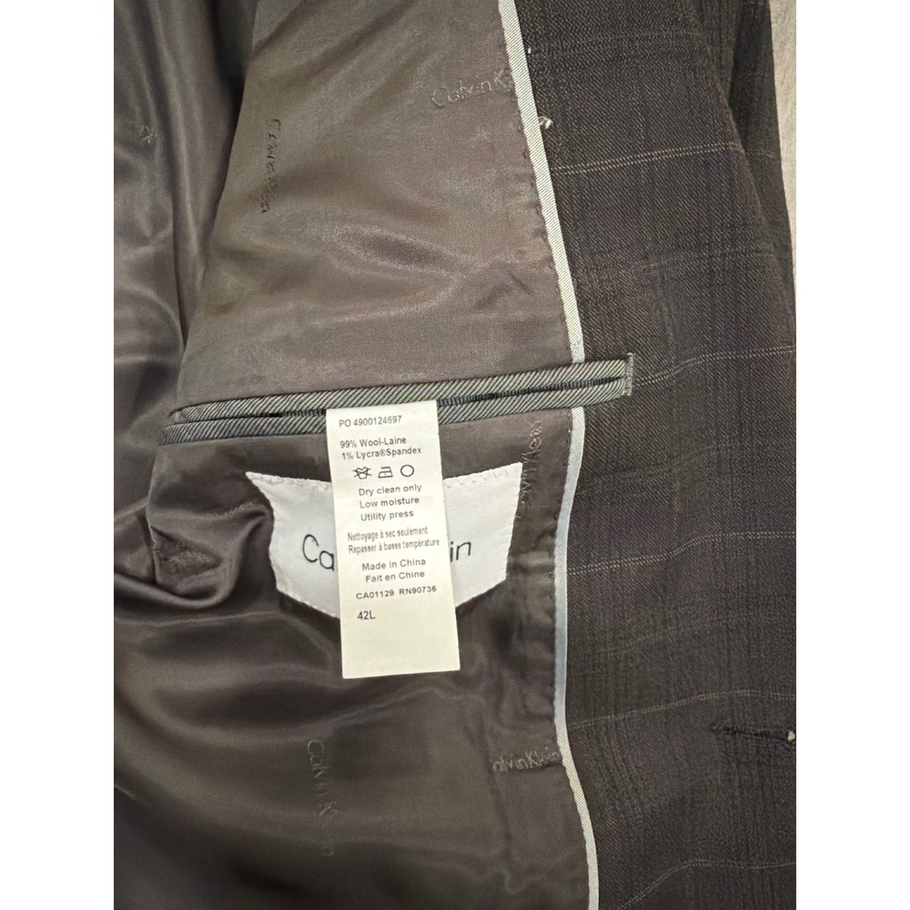 Calvin Klein X Slim Fit Mens Brown Plaid 2 Piece Wool Blend Suit 42L 34W 32L - Picture 8 of 11